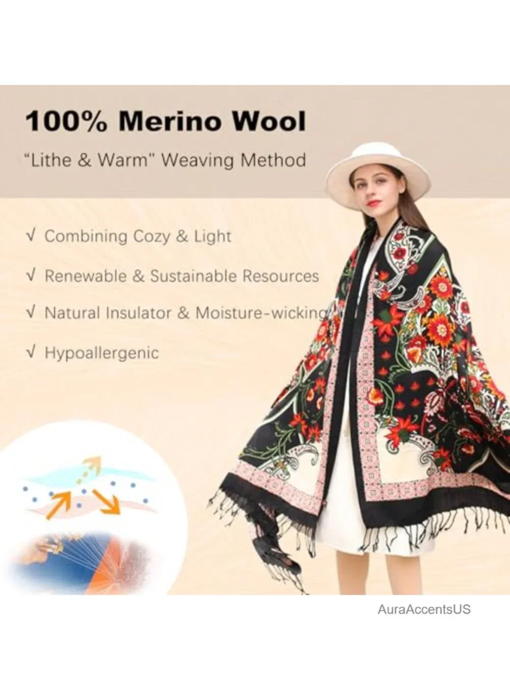 100% Merino Wool Oversized Pashmina Shawl Wrap Women Travel Gift